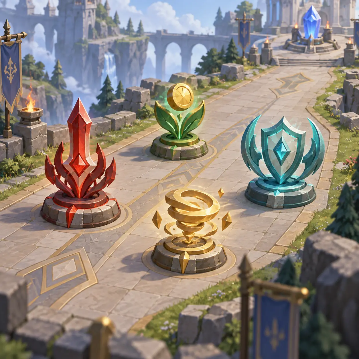 Editorial fantasy lane with red damage, green economy, teal support, and gold control markers