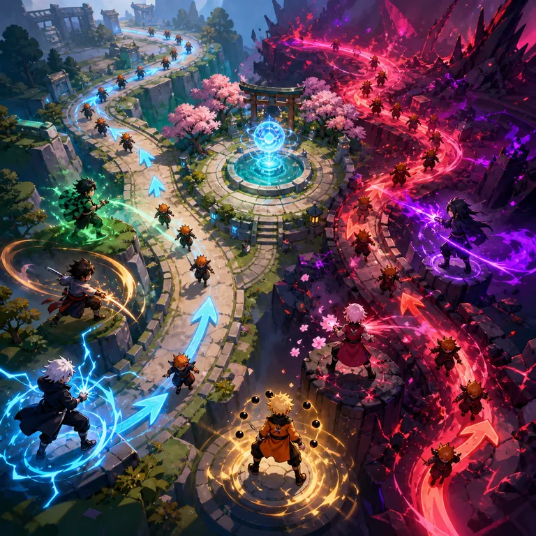 Editorial illustration of branching blue and coral tower-defense routes around a glowing objective for a Chaos Mode guide
