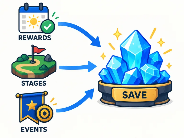 Editorial diagram showing rewards, stages and events flowing into a saved Anime Vanguards gem reserve