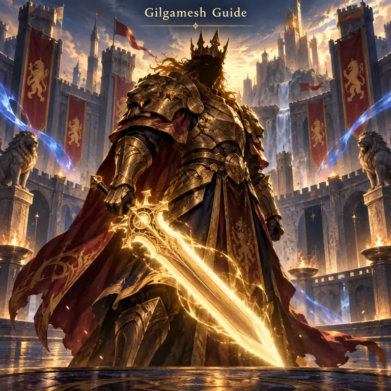 Editorial concept art of a golden king-like tower-defense hero in a castle arena for the Anime Vanguards Gilgamesh guide