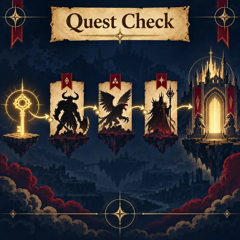 Editorial quest-check diagram showing a key, boss encounters, and a castle gate for verifying a Gilgamesh route