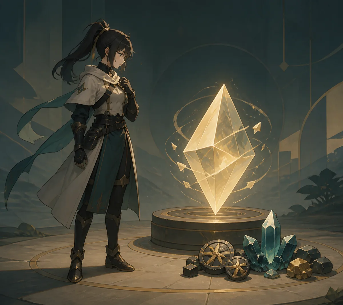 Editorial illustration of an Anime Vanguards-style unit beside a glowing Memoria shard and upgrade materials