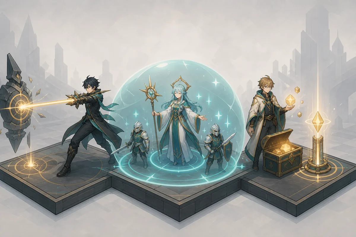 Editorial comparison illustration of damage, support, and economy unit roles for Memoria decisions