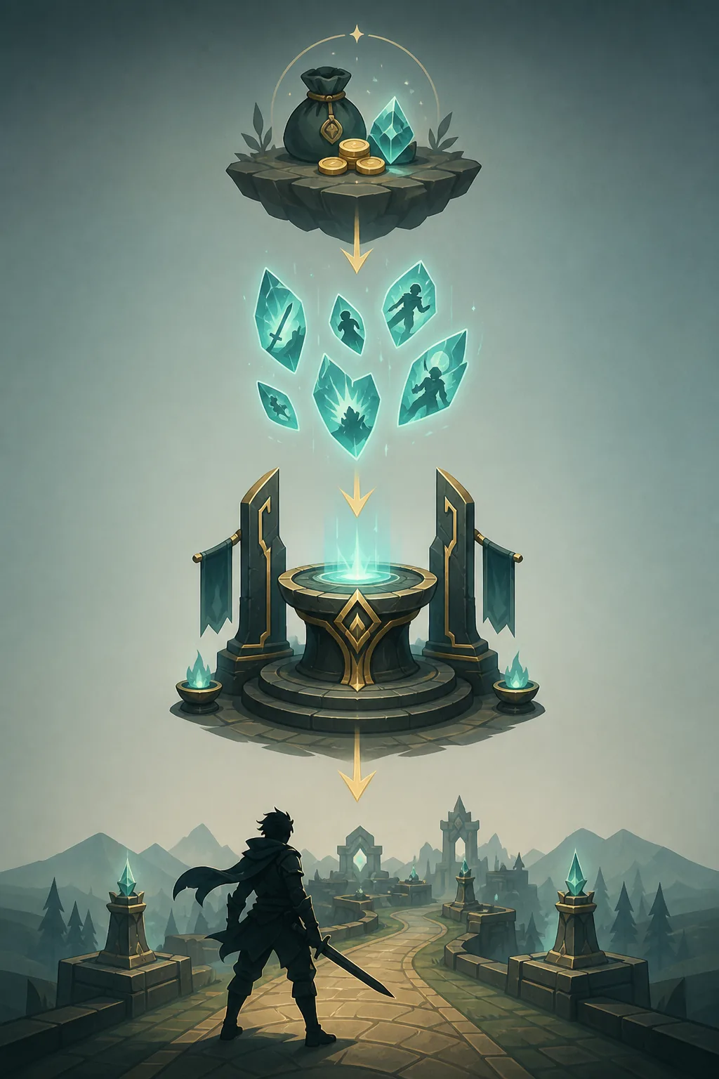 Text-free editorial flow showing a resource source, memory shards, an upgrade altar, and a unit test