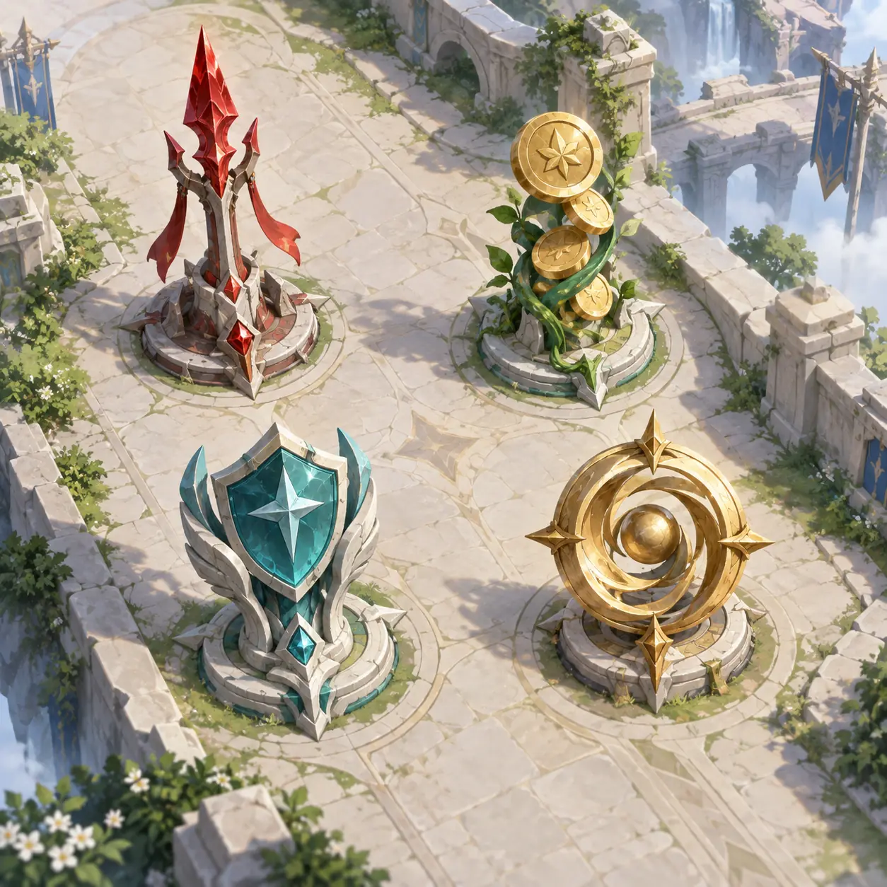 Four distinct abstract markers representing damage, economy, support, and wave control