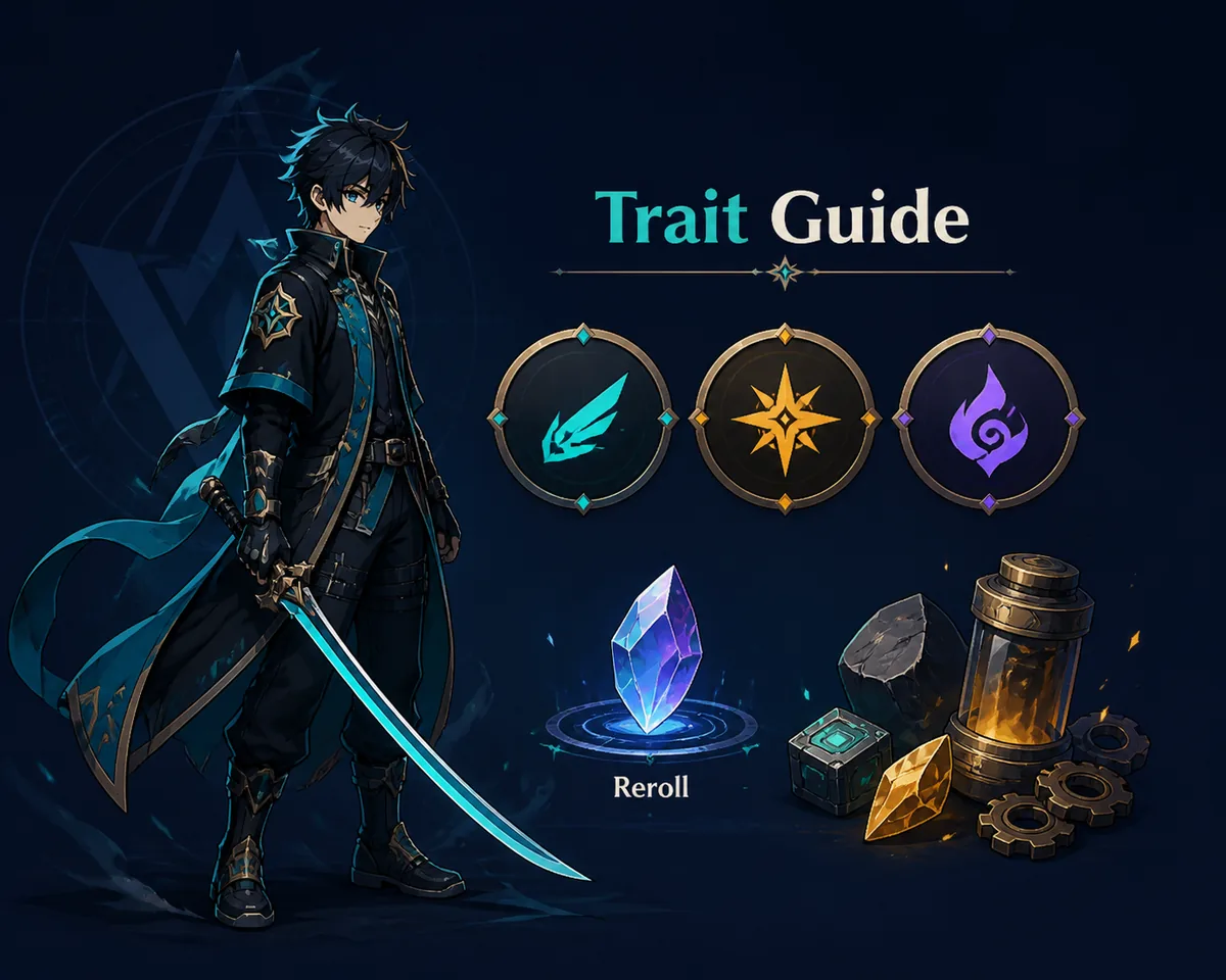Editorial illustration of an anime-inspired tower defense unit, trait tokens, a reroll crystal, and upgrade materials