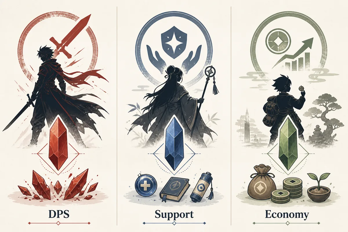 Illustrated comparison of trait priorities for DPS, support, and economy unit roles