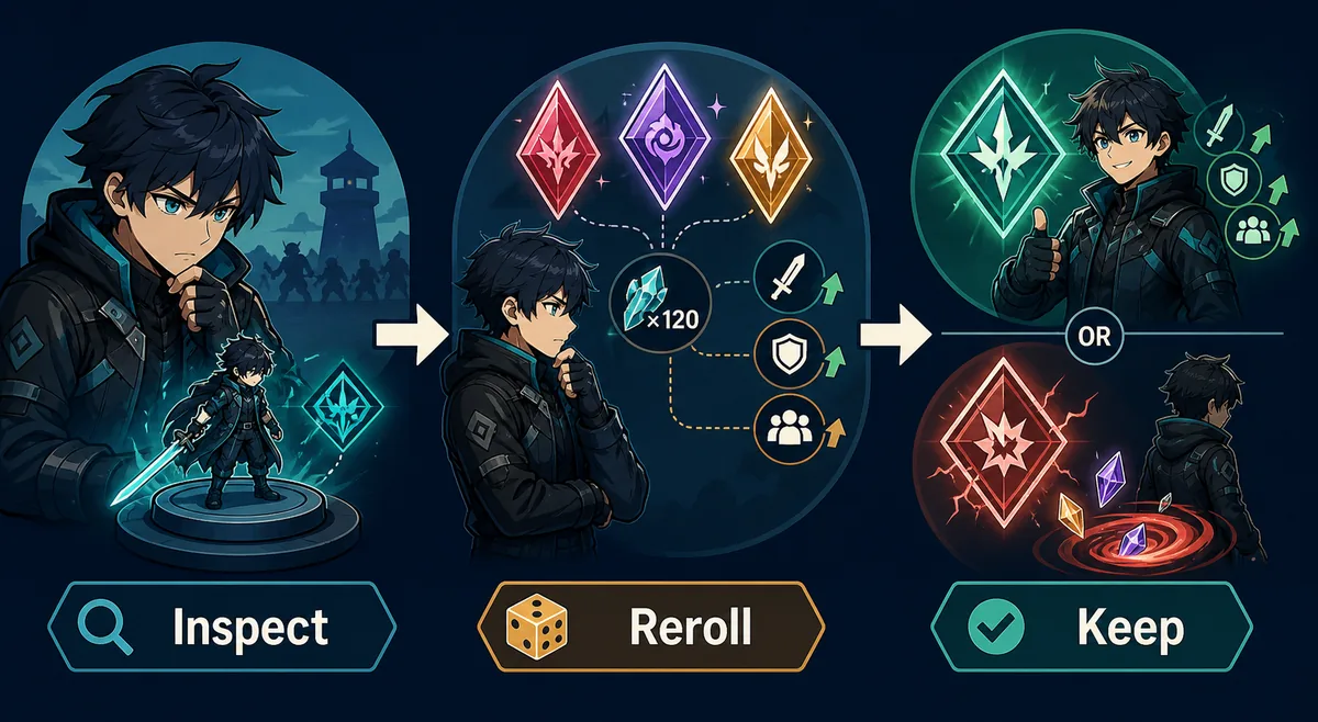 Illustrated three-step trait decision flow showing inspect, reroll, and keep choices